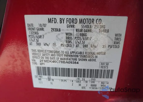 2008 Ford Edge Se из США, поврежденный, VIN 2FMDK46C78BA09384